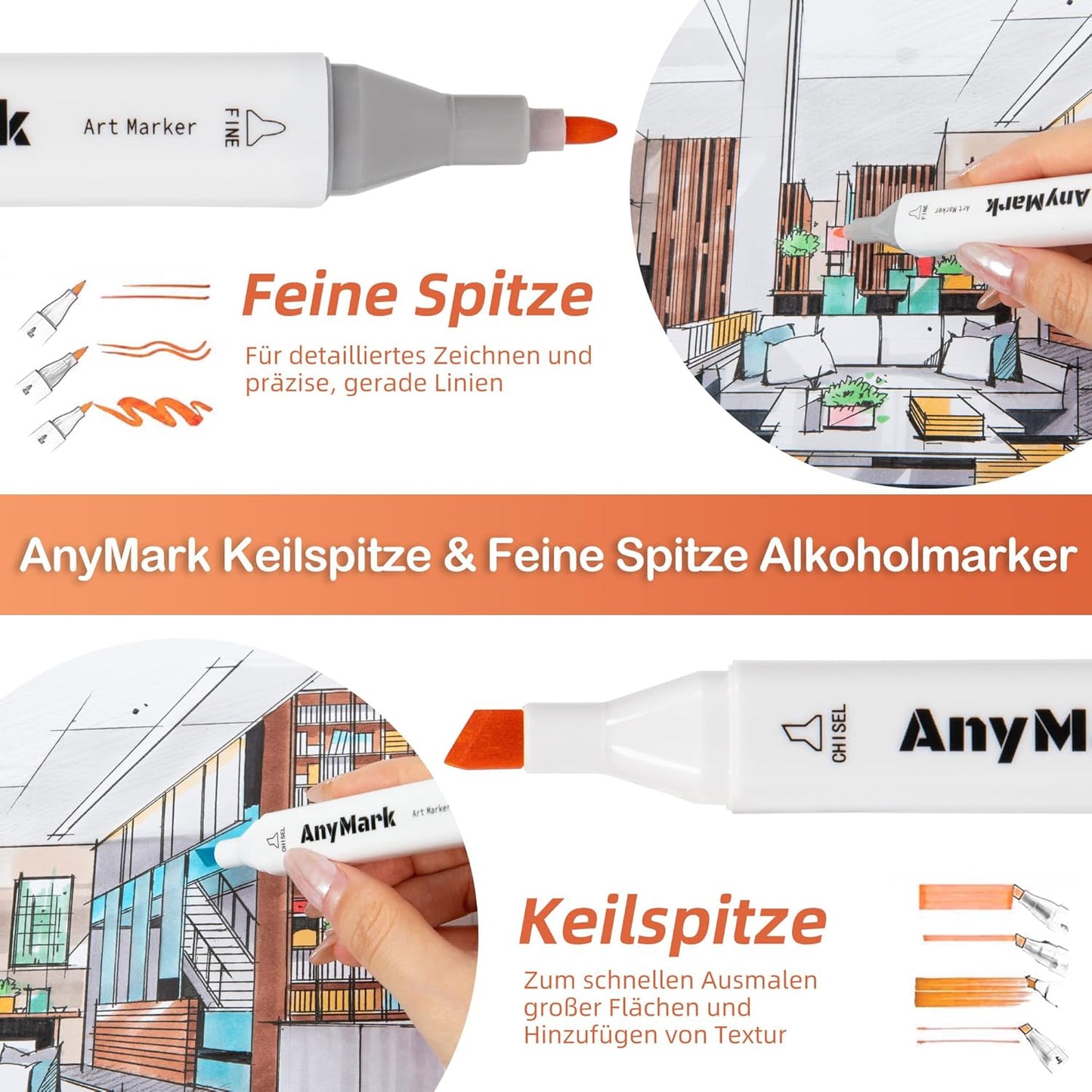 AnyMark Alcohol Markers, 60 Colors Dual Tip Art Coloring Markers Set for Kids Adult Book Drawing Sketching Painting, Chisel & Fine, White Penholder