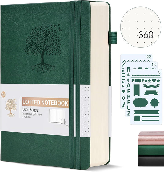 Dotted Journal Notebook, 360 Numbered Pages Bullet Dot Grid Journal,100gsm Dot Paper Thick Hardcover Leather Journal for Writing Women Men, A5 Dotted Grid Notebooks for Work 5.75" x 8.38" Green