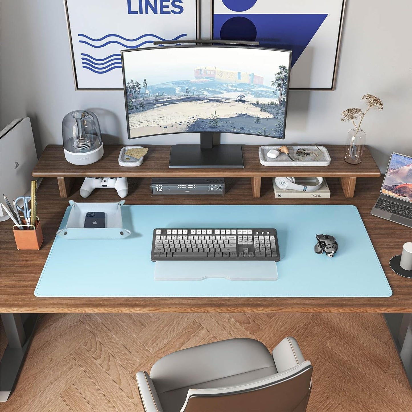 DAWNTREES Dual Sided Desk Mat,Leather Desk Pad,Cork Desk Mat Protector,with PU Leather Valet Tray Organizer,Large Mouse Pad,Desk Writing Pad for Office and Home(Light Blue 31.5"x15.8")