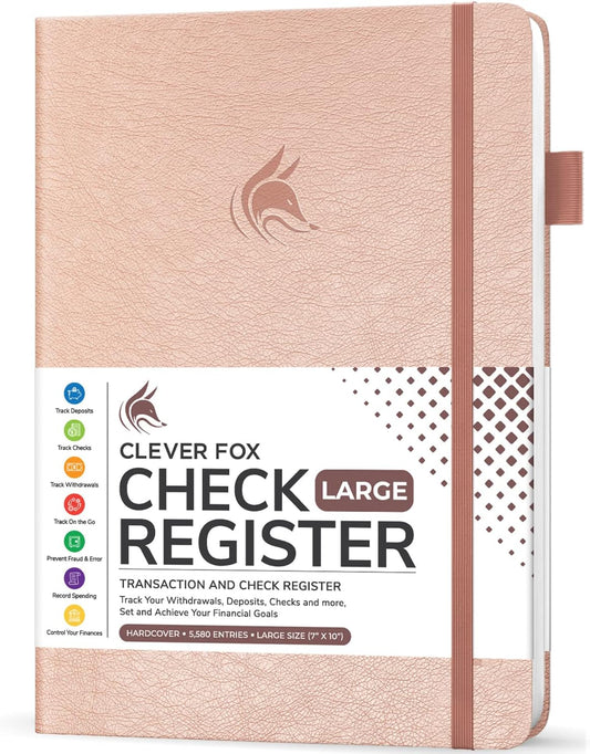 Clever Fox Check Register Book - Deluxe Transaction Register, Accounting Ledger Book, Checkbook Register & Checking Account Register Book for Personal and Work Use, Large Size, 7x10” - Rose Gold