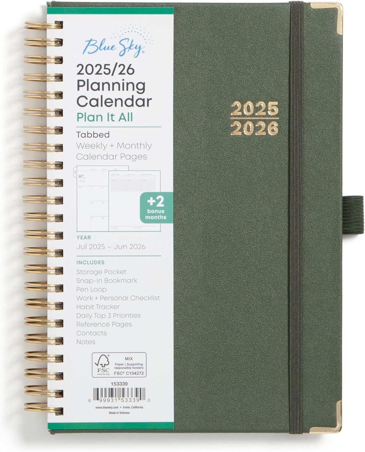 Blue Sky 2025-2026 Weekly and Monthly Academic Year Planner Calendar, July 2025 - June 2026, 5" x 8", Faux Leather Cover, Wirebound, Storage Pocket, Laminated Tabs, Olive