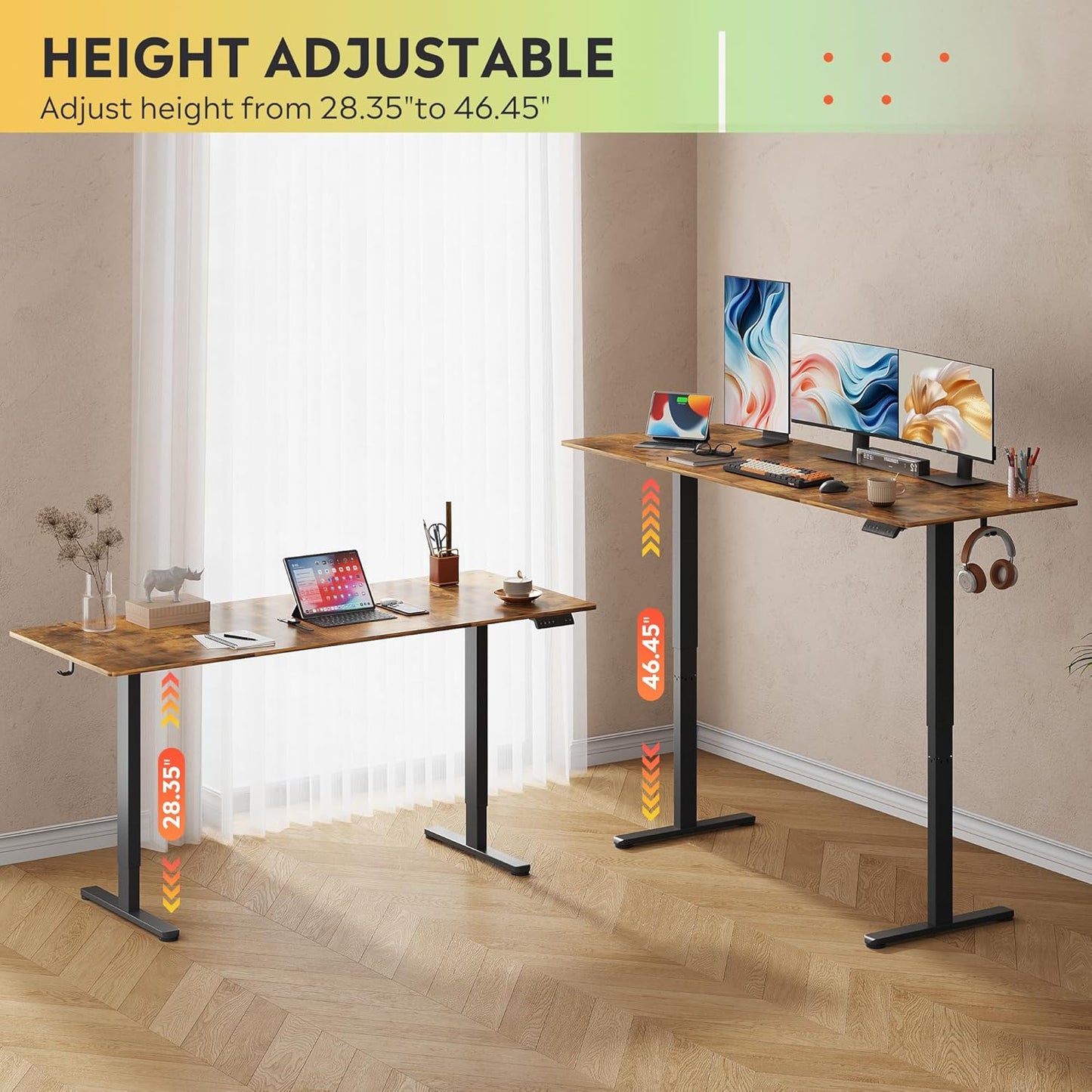 DEVAISE 71 Inch Electric Standing Desk, 3 Adjustable Height Stand up Desk for Home Office, Ergonomic Sit to Stand Desk with LED Touchscreen, Hook, 3 Memory Preset Computer Desk (Rustic Brown)