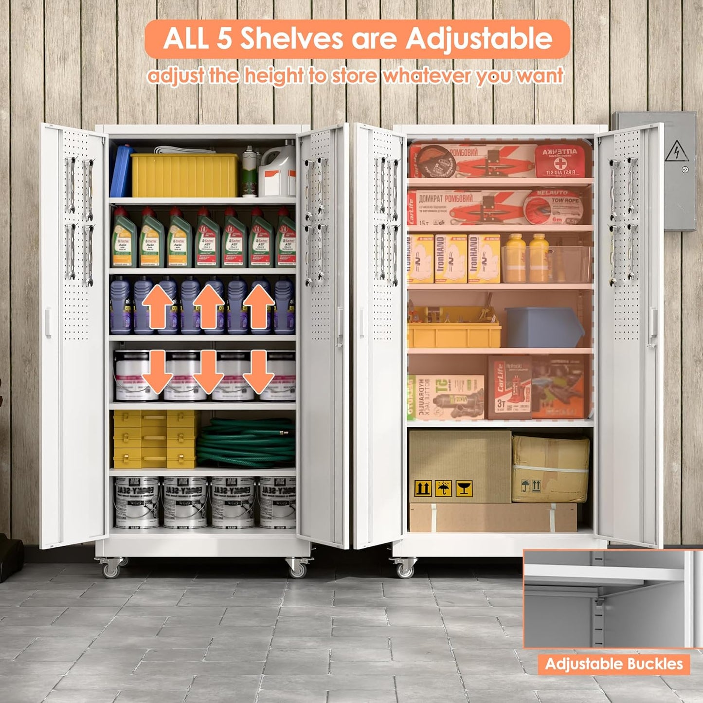 Aobabo Metal Storage Cabinet with Wheels,Heavy Duty Office Storage Cabinet with Lock,Steel Cabinet with 2 Doors and 5 Adjustable Shelves for Office Home School Storage,Required-Assembly White