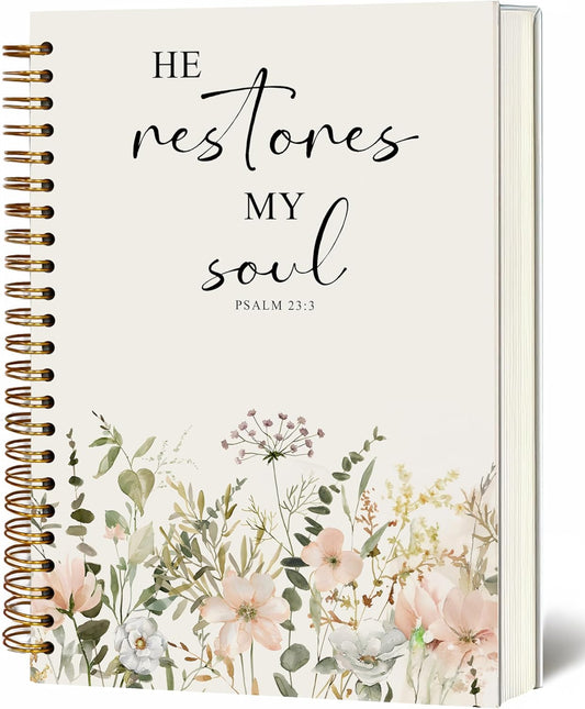 Bible Notebook, A5 Spiral Christian Journal with Floral Notebook, Bible Verse-He Restores My Soul, Inspirational Notebooks for Women, Bible Study, Gift for Birthday Christmas, Office Supplies (White)