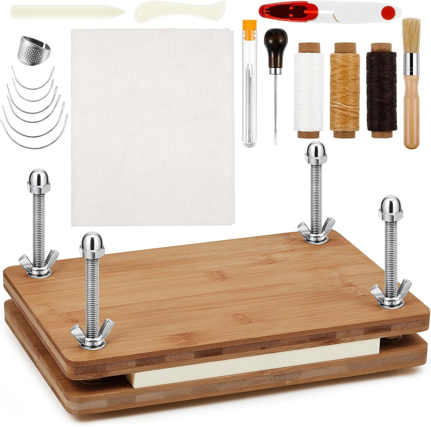 DoubleFill Book Binding Kits 11.6 x 7.9 Book Press Board 25 Pcs Bamboo Wood Bookbinding Tools Set with Real Bone Folder Awl Large Eye Needles Wax Thread Cloth for Beginners DIY Bookbinding Supplies