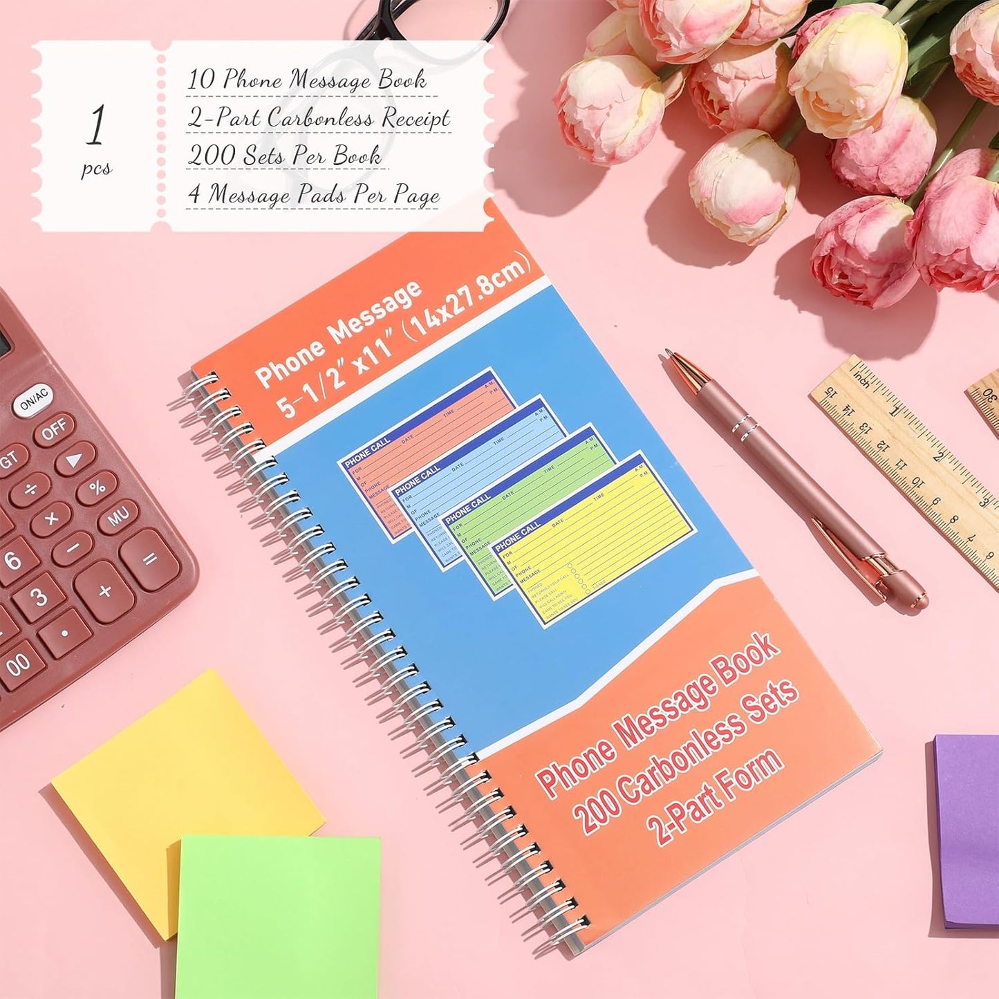 1 Pcs Spiral Bound Phone Message Book 5-1/2" x 11" 2 Part Colorful Carbonless Phone Message Pads 4 Messages Per Page Carbon Copy Notebook Spiral Phone Call Log Book for Business Office
