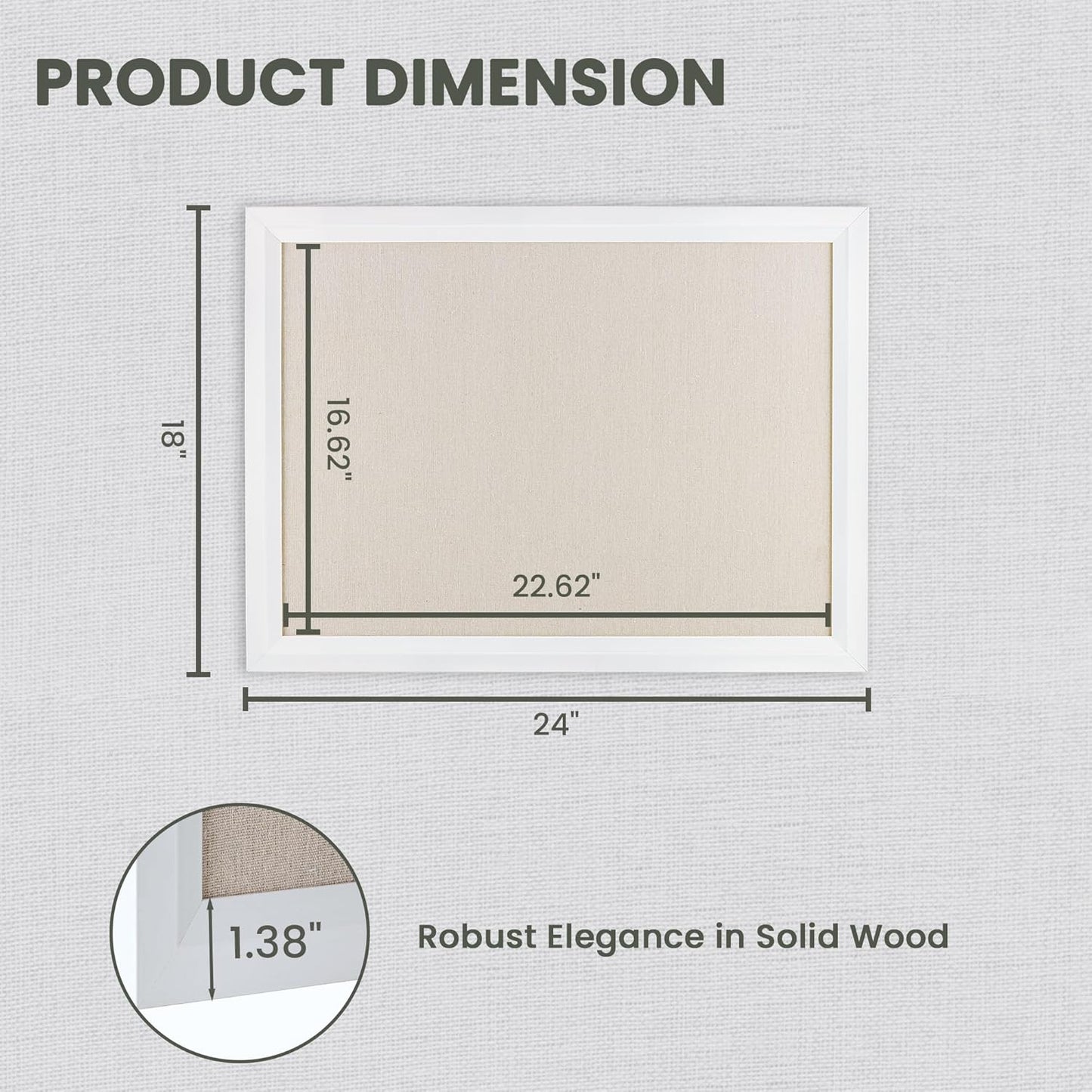 Bulletin Board Cork Board with Linen, 100% Wood Framed 18" x 24" Bulletin Board Decorations, Pin Boards for Walls, Wall Mounted Fabric Picture Board with 10 Pushpins for School, Home & Office, White