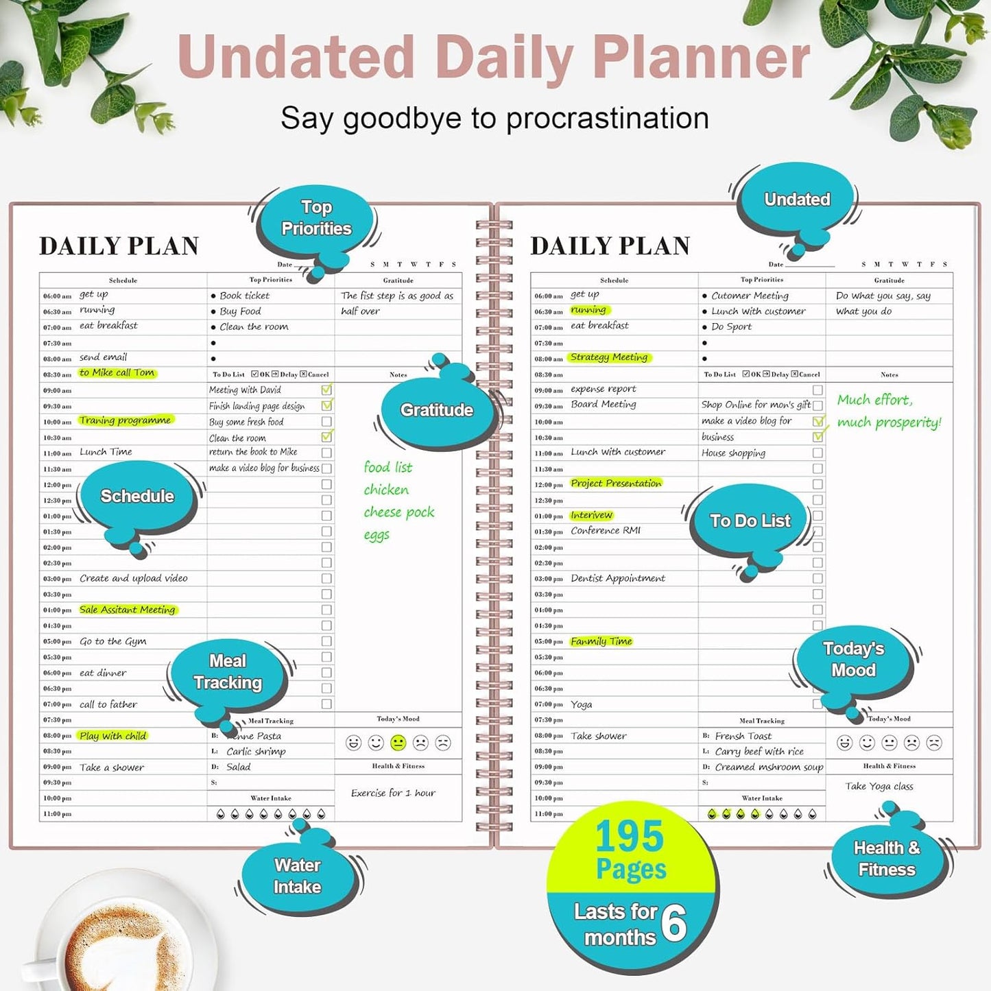 Asten Daily Planner with To Do List, Hourly Agenda, Spiral Notebook - Day Planner for Women, Men & ADHD - 8.5" x 11" (Pale Pink)