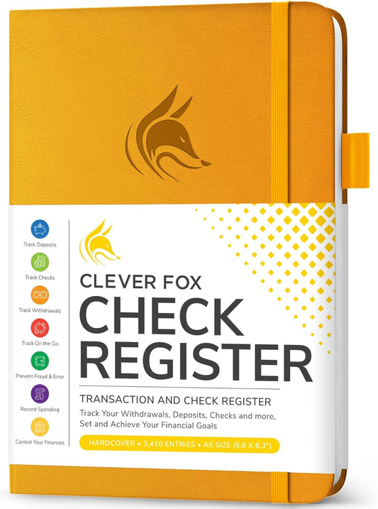 Clever Fox Check Register Book - Deluxe Transaction Register, Accounting Ledger Book, Checkbook Register & Checking Account Register Book for Personal and Work Use, A5 Hardcover - Yellow
