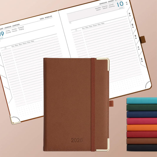 Daily Planner 2026 with One Page Per Day,(A5-8.5" x 5.9"),12 Months Calendar Hourly Appointment Book Monthly Tabs & Self-adhesive Pen Holder,Inner Pocket, Vegan Leather Hardback,Brown