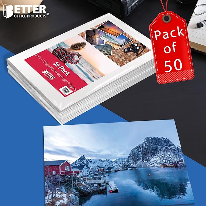 Better Office Products Glossy Photo Paper, 8.5 x 11 Inch, 50 Sheets, 200 gsm, Letter Size, 50-Count Pack