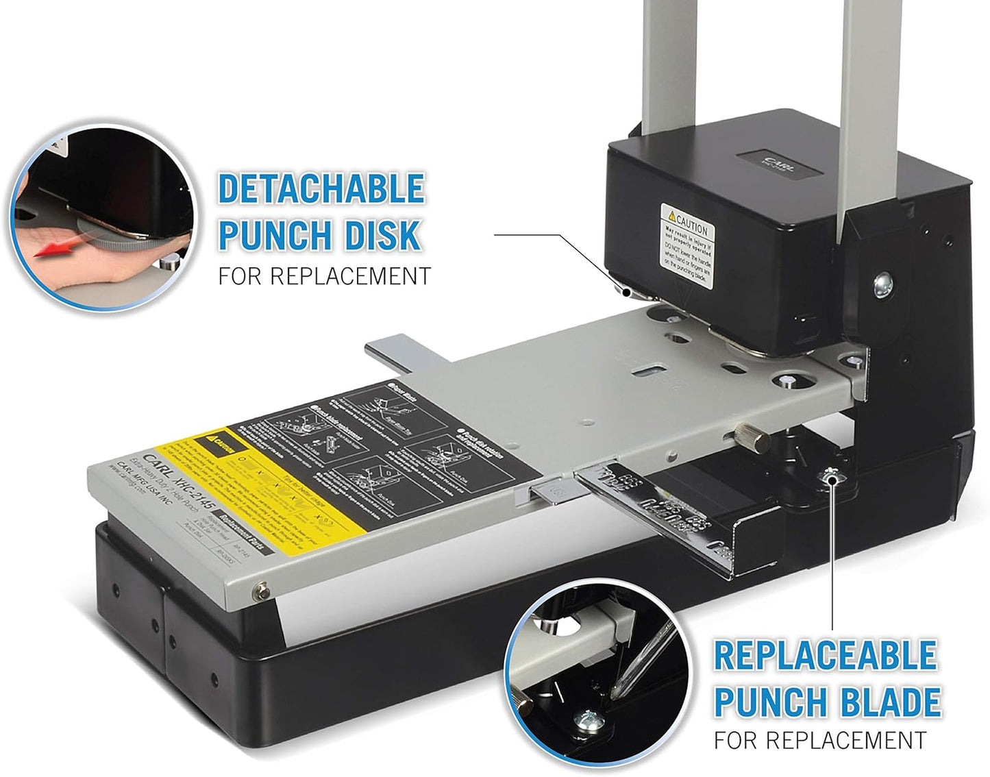 CARL, XHC-2145, Heavy Duty 2-Hole Punch – 145 Sheet Capacity Paper Puncher with Precise Spacing, Built-in Waste Bin, Fits US & Metric Brooch Sizes – Office, School & Binder-Ready Use.