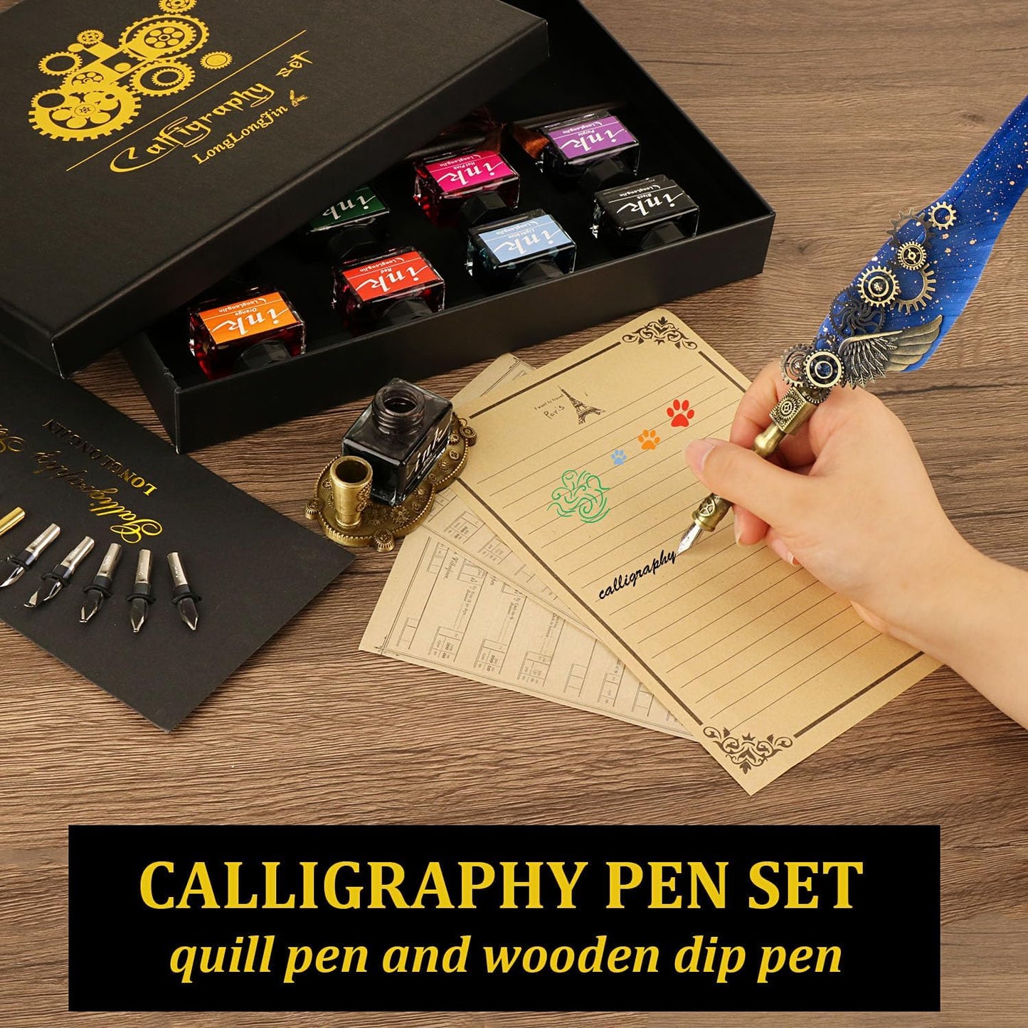 Calligraphy Pens and Ink Set - Calligraphy Kits for Beginners,Quill Pen Includes Dip Pen,8*Colors Ink,11*Calligraphy Pen Nibs（Blue）