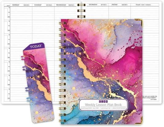 Elan Publishing Company HARDCOVER 7 Period Dated Teacher Lesson Plan; Days Horizontally Across The Top Dated for 2025-2026 Academic Year with Bonus Clip-in Bookmark (Rainbow Gold Marble)