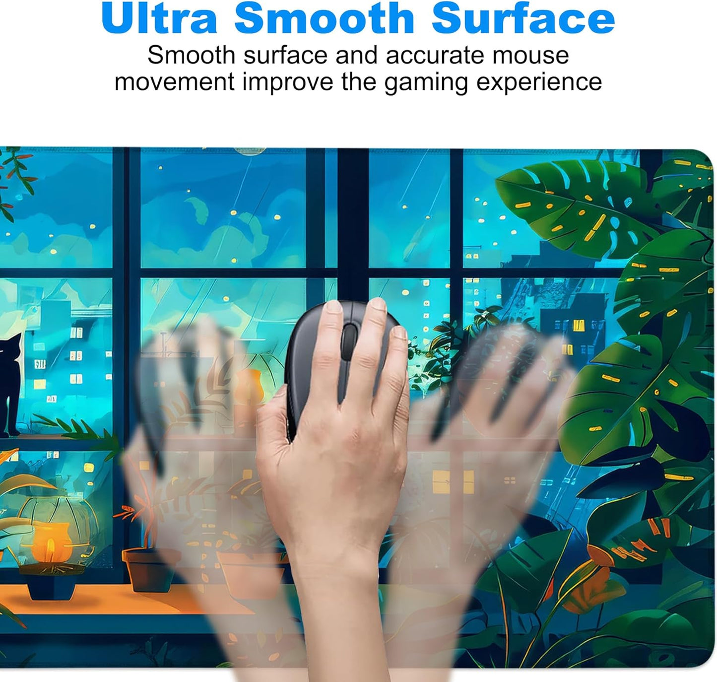 Desk Mat, Cute Lofi Anime Black Cat Green Plants Large Gaming Mouse Pad with Non-Slip Base Stitched Edges,Desk pad for Keyboard and Mouse Home Office 35.4"x15.7"