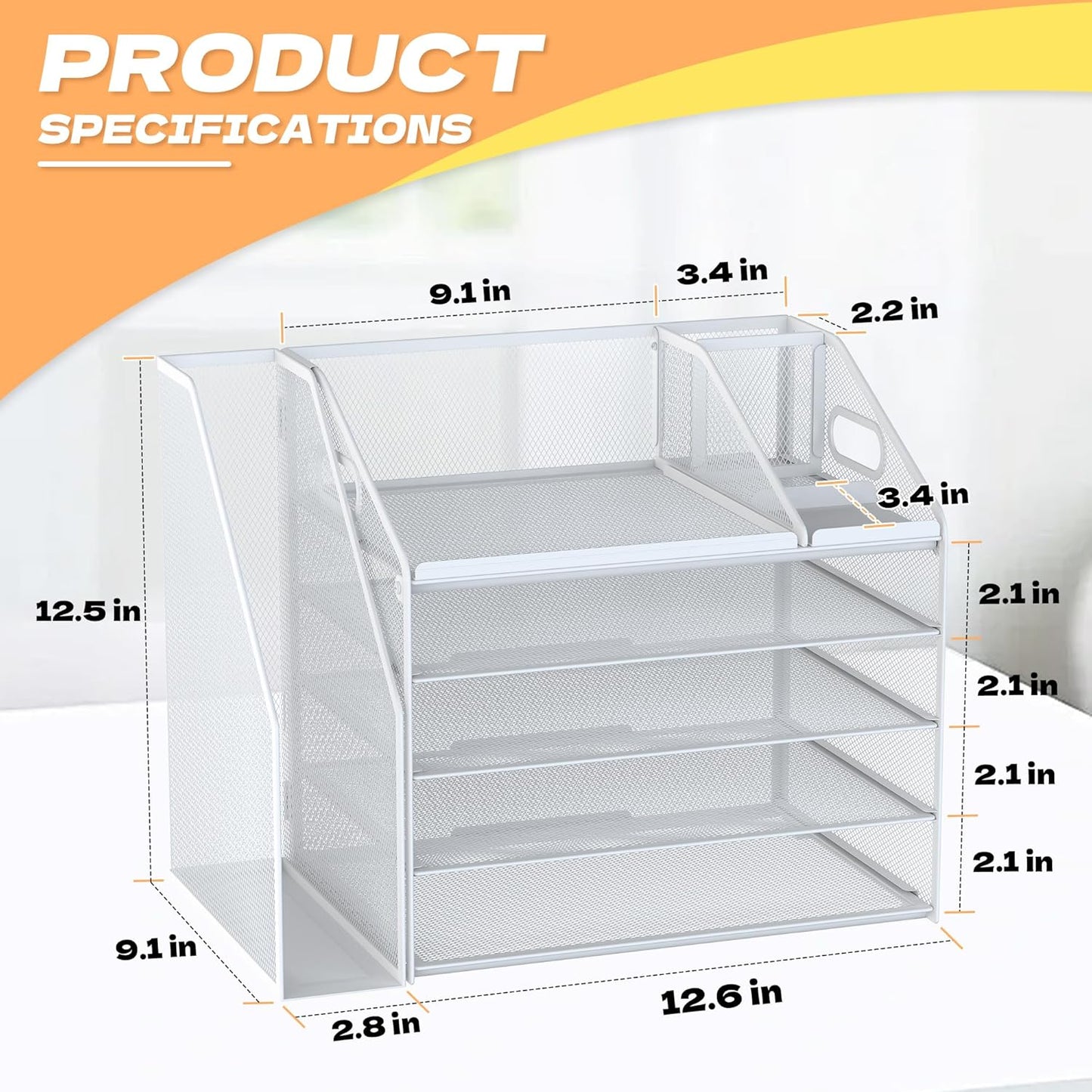 DocNest 5 Tier Paper Letter Tray File Organizer, Mesh Desk File with Handle, Workspace Desk Organizers with Pen Holder, Office Organization Storage Accessories - White