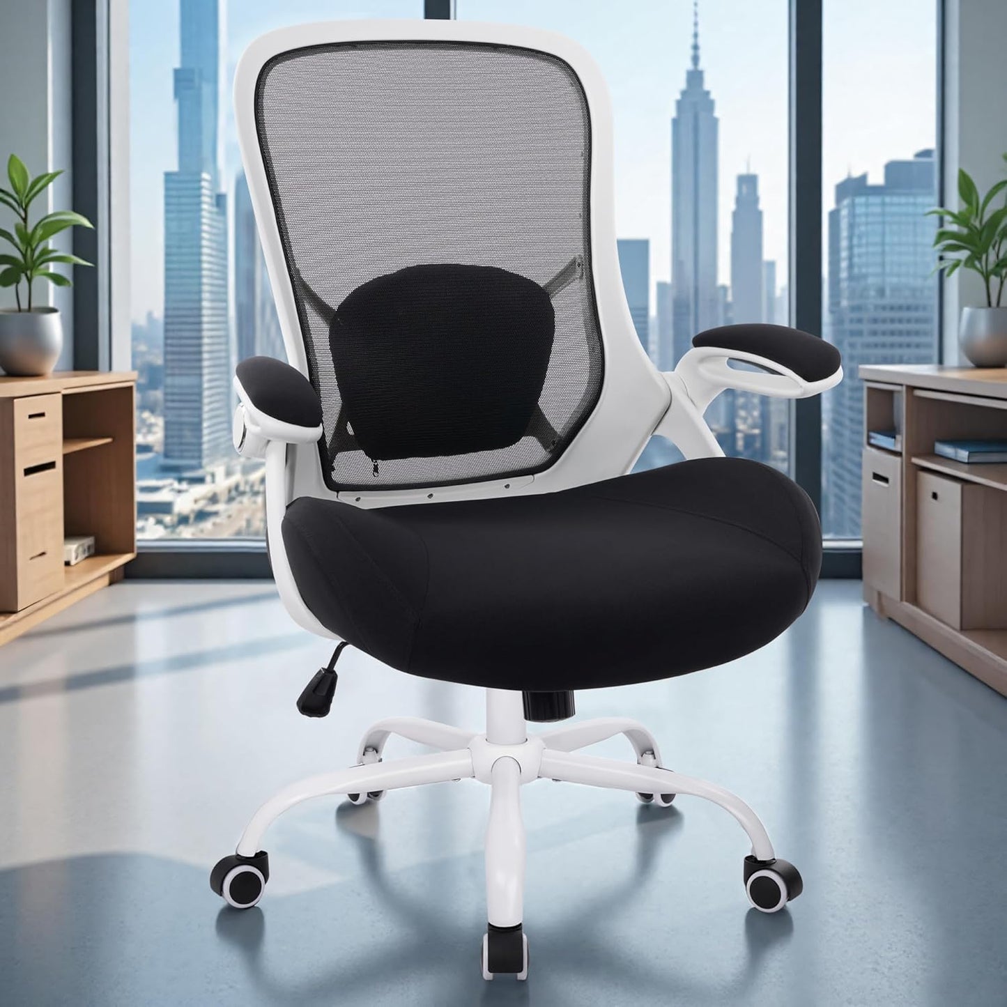 HYLONE 400lbs Heavy Duty Office Chair, 5" Thickened Seat Ergonomic Desk Chair with Adjustable Armrests, Home Office Computer Chairs for Long Hours Mesh Executive Chair(White Base&Black)