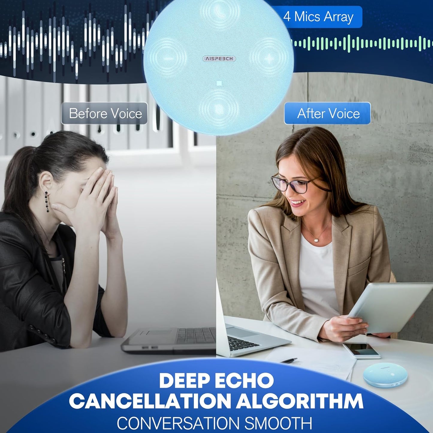 Bluetooth Conference Speakerphone M4 with AI Noise Reduction, AI Summaries, AI Transcription with 60-Language Support, 13FT 360° Voice Pickup,10-Hour Battery Life for Zoom and Teams, Blue