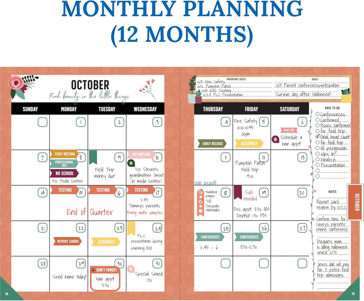 Carson Dellosa Grow Together Teacher Planner, 8" x 11" Green Spiral Bound Lesson Plan Book With Stickers, Checklist, Notes, Garden Theme School Supplies for Classroom Organization