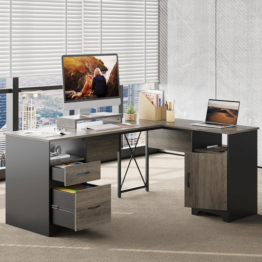Bestier L Shaped Desk with File Drawers, 63" x 47" Office Computer Desk with Storage Cabinet, Corner Desk with Monitor Stand & Modesty Panel for Home Office, Gray