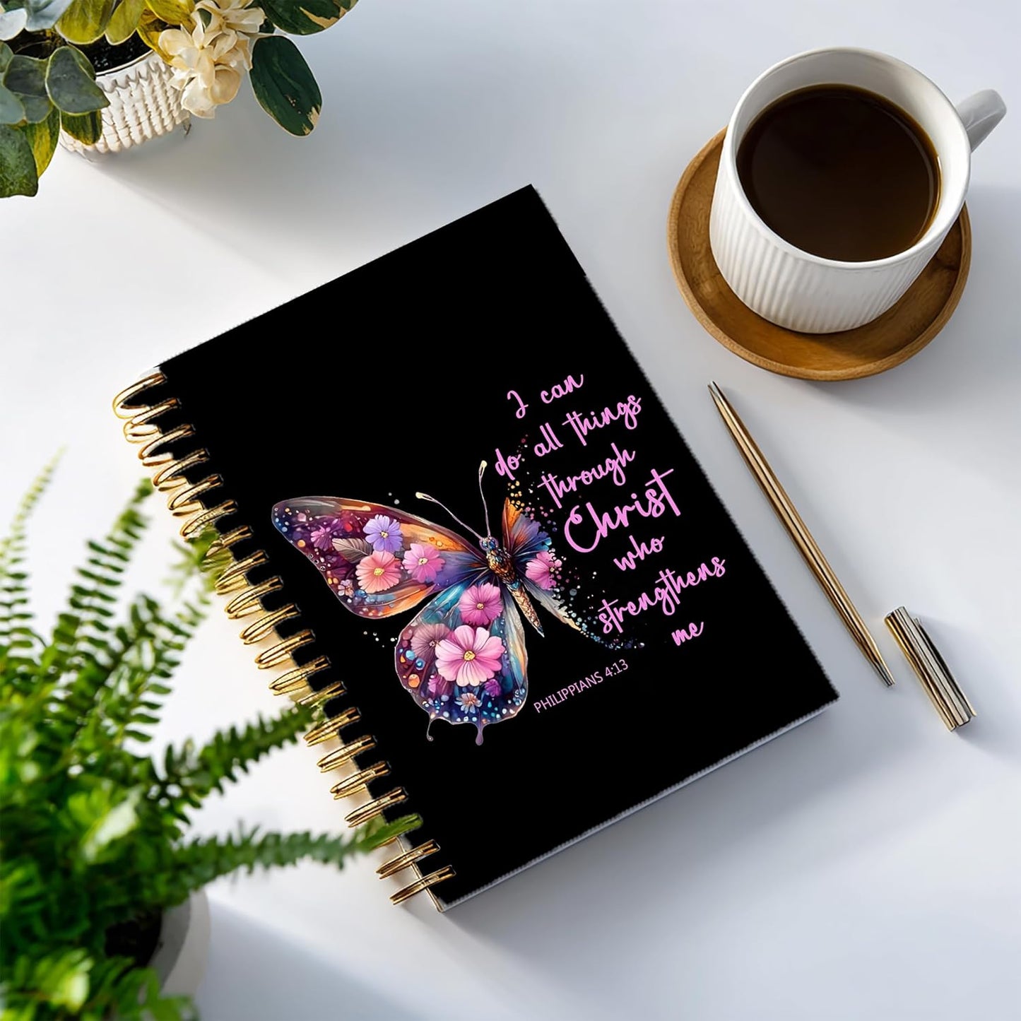 Bible Notebook, A5 Spiral Christian Journal with Floral Pink Butterfly Notebook, Bible Verse-God Says You Are, Inspirational Notebooks for Women, Bible Study, Gift for Birthday Christmas