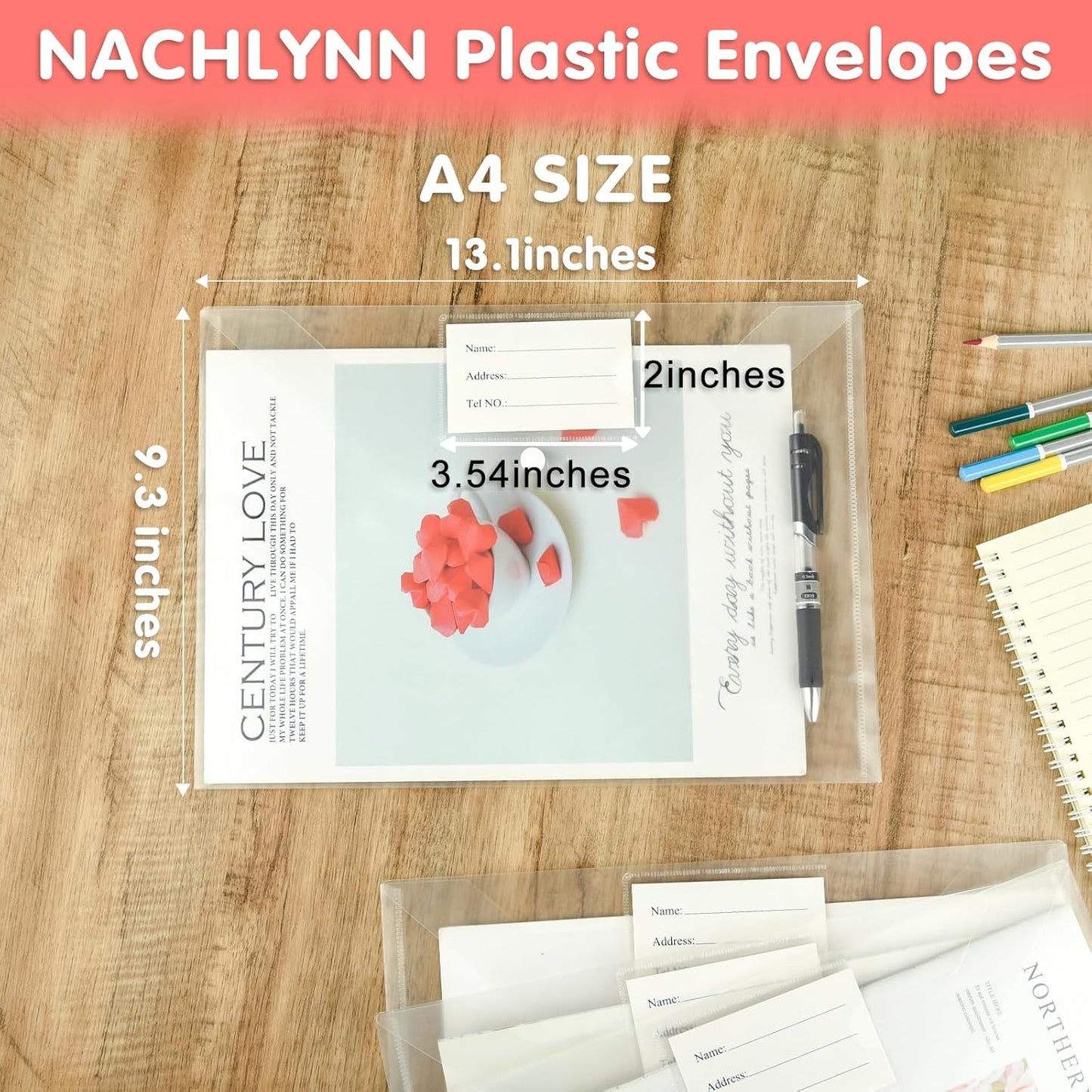 NACHLYNN 108 Pack Plastic Envelopes Plastic Folders with Snap Closure, A4 Size Clear File Envelopes with Label Documents Folders Organizers for Home Work Office Organization