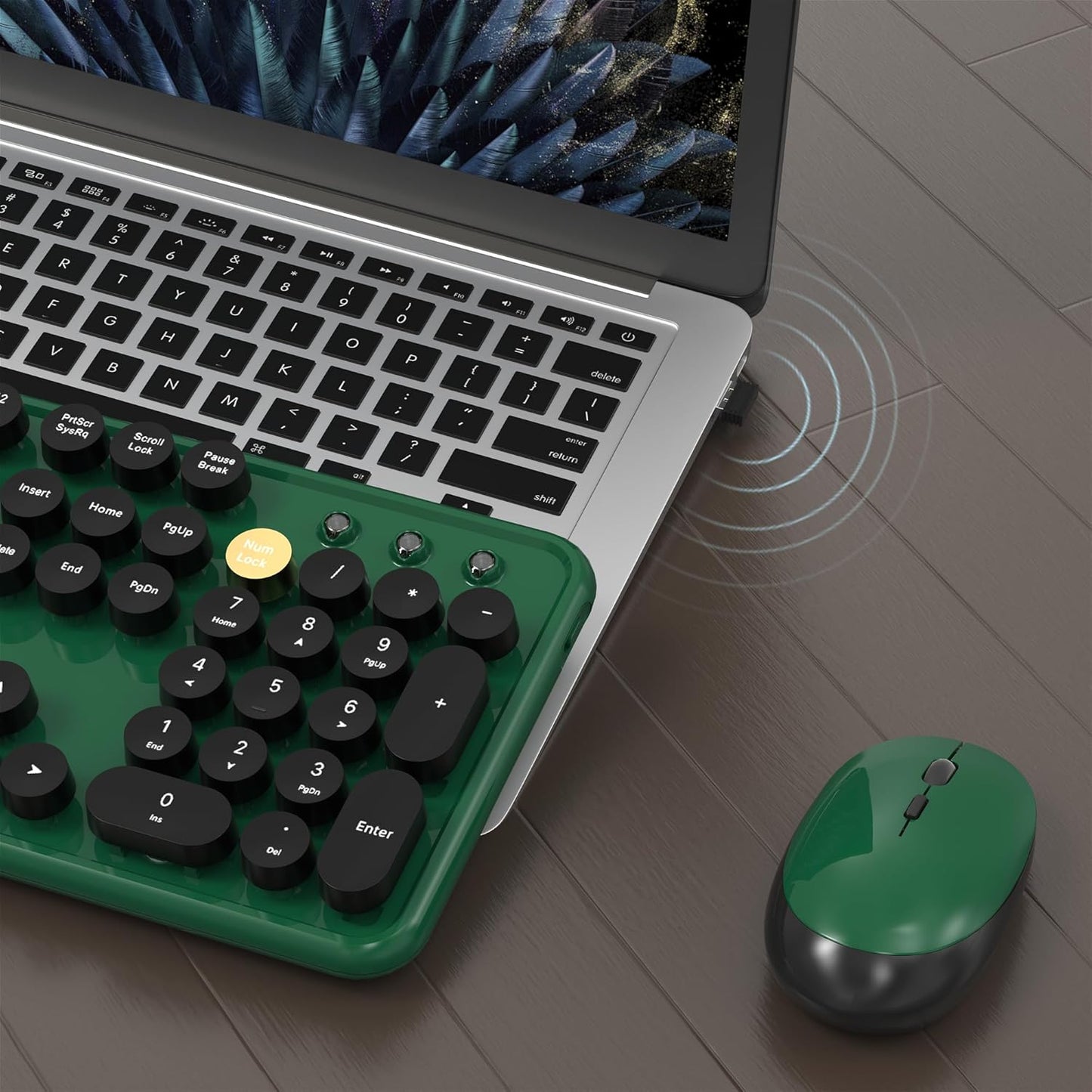 Colorful Wireless Computer Keyboard and Mouse Combo with Round Typewriter Keycaps, Retro Design, Power Switch, Ergonomic Design, 2.4GHz Wireless for Windows, Mac, PC(Dark Green)