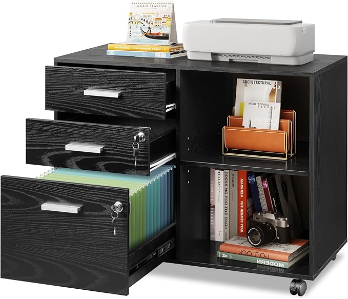 DEVAISE 3-Drawer Wood File Cabinet with Lock, Mobile Lateral Filing Cabinet, Printer Stand with Open Storage Shelves for Home Office, Black