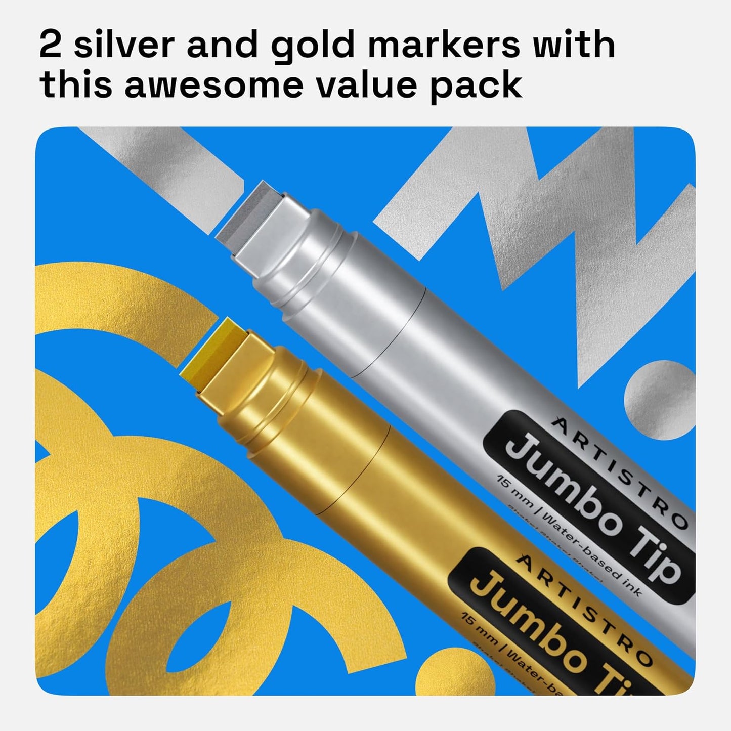 ARTISTRO 2 Gold & Silver Acrylic Paint Markers - 15mm Jumbo-Tip Paint Pens - Perfect for Crafting, Art Projects, & More