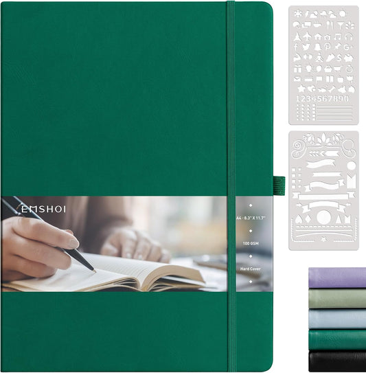 EMSHOI Dotted Journal, 8.5" x 11" Hardcover Leather Journal for Women Men, 192 Pages 100 GSM Dot Grid Notebook, Dotted Notebook for Work, A4 Large Journals for Writing, Bullet Journaling, Dark Green