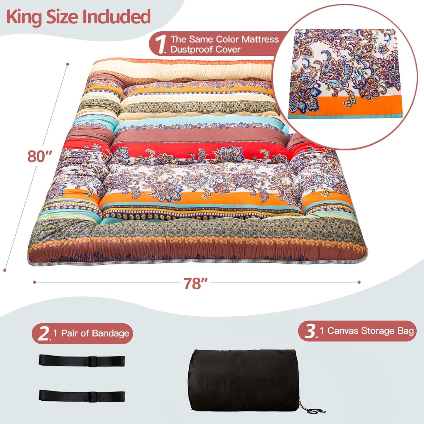 Bohemian Retro Floor Mattress Vintage Floral Japanese Futon Mattress Roll Up Thicken Sleeping Bed Portable Camping Mattress Floor Lounger Couch Bed Mattress Pad, King Size