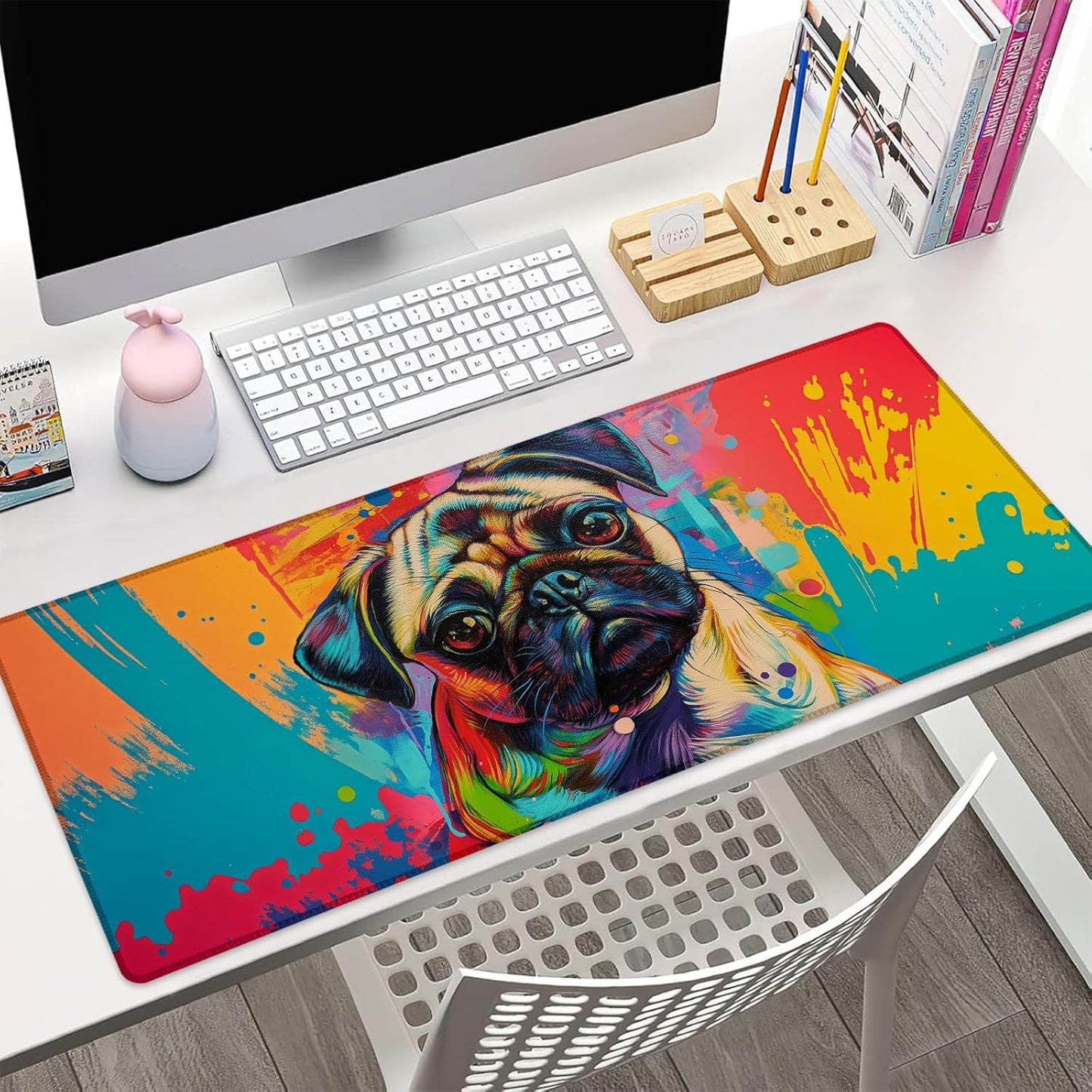 Colorful Pug Dog Gaming Mouse Pad Gifts 31.5" x 11.8", Non-Slip Rubber Base MousePads for Computers Laptop School Office Home Accessories Decor, Mouse Pad, Keyboard Desk Mat