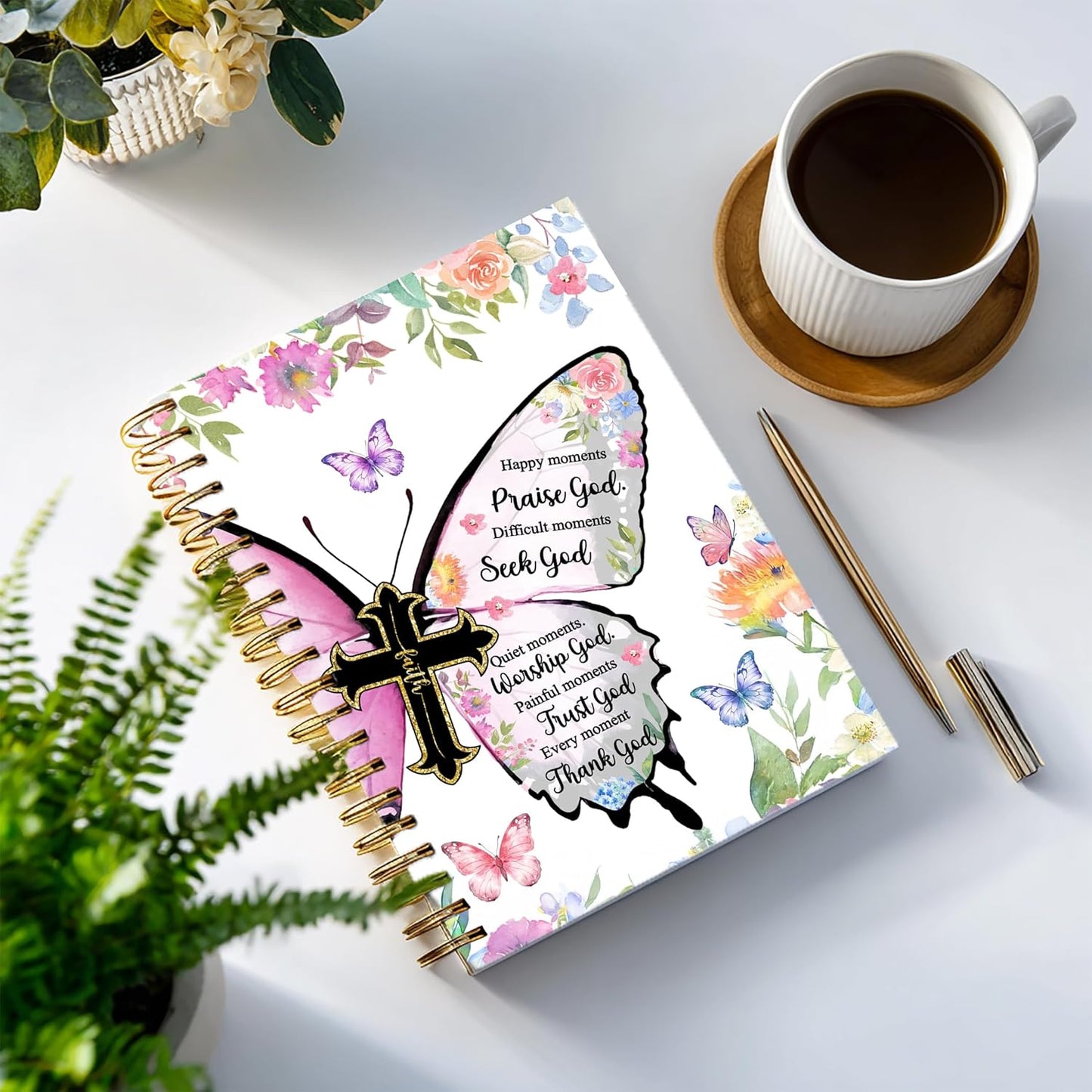 Bible Notebook, A5 Spiral Christian Journal with Floral Pink Butterfly Notebook, Bible Verse-God Says You Are, Inspirational Notebooks for Women, Bible Study, Gift for Birthday Christmas