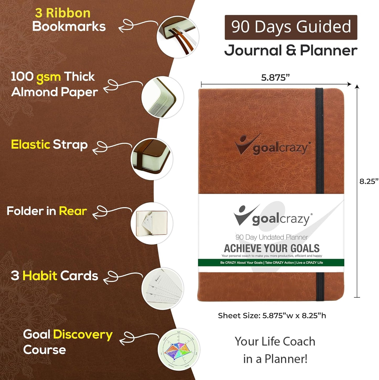 Undated Planner – 90 Day Guided Journal & Productivity Organizer, A5 Daily & Weekly Planner 2025 2026 with Goal Setting, Habit Tracker, To Do List, Academic & Work Calendar, Leather Hardcover - Brown