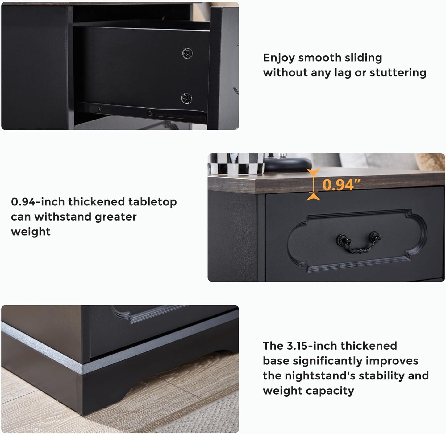 LIDYUK 3 Drawer Dresser for Bedroom Farmhouse Black Wood Chest of Drawers Bedroom Dresser with Charging Station, Rustic Small Drawers Dressers Nightstand Wooden Closet Storage Cabinet, Living Room