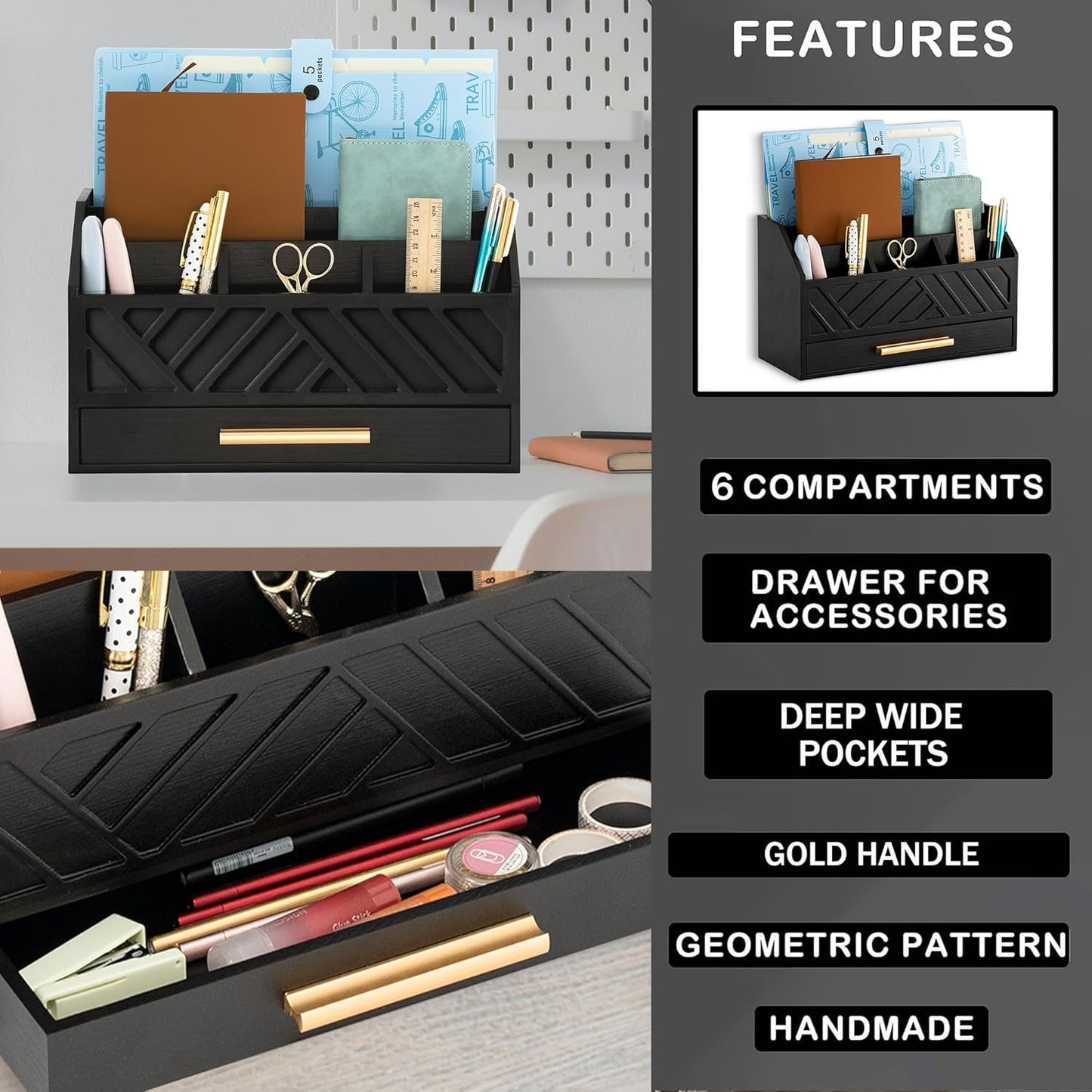 Black Wood Desk Organizer and Accessories with Drawer, Bill Mail Organizer and File Mail Holder for Office Supplies, Modern Desk Accessories & Workspace Organizers for Desk Organization