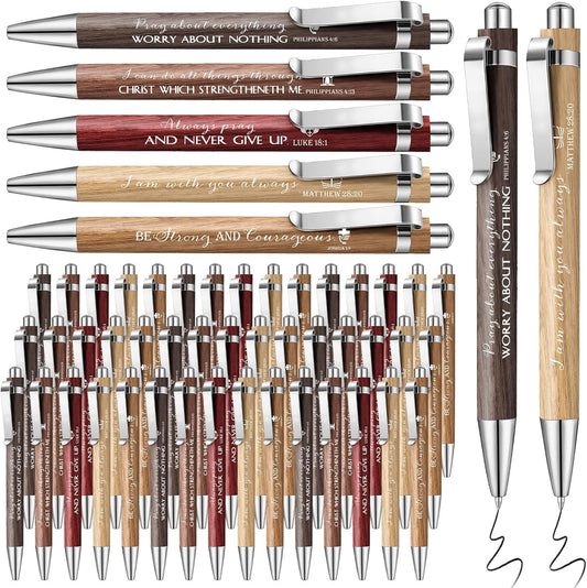 50 Pack Bible Verse Bamboo Retractable Ballpoint Pens Christian Inspirational Bible Verse Ballpoint with Black Ink Pen for Journal Writing Office Supplies Religious Gifts for Men Women(Wood Color)