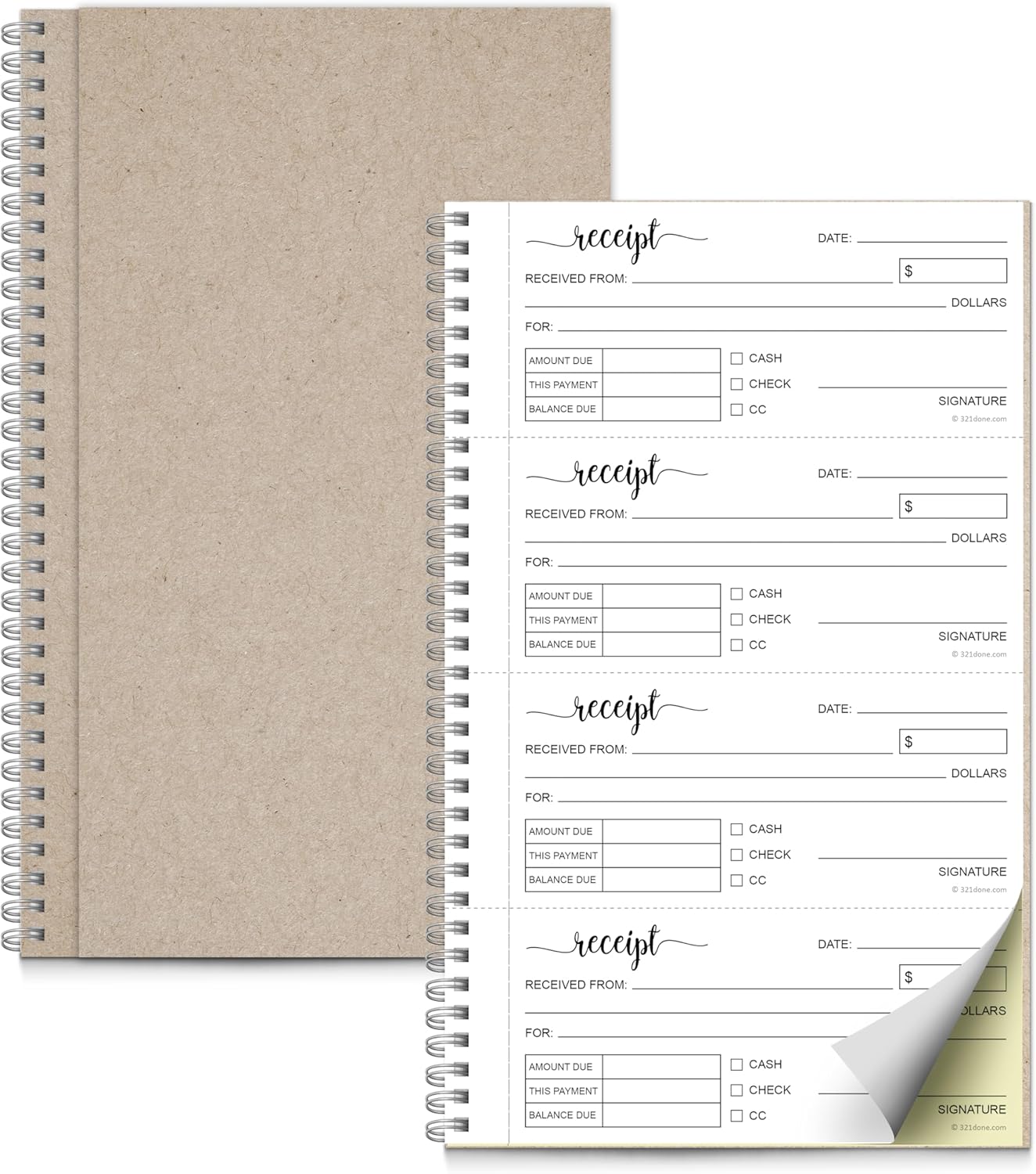 321Done Receipt Book, 11x6 2-Part Carbonless Spiral Bound, Made in USA, 4 Receipts per Page, 50 White/Yellow Pages, 200 Sets per Book, Receipt Book with Carbon Copies for Small Business