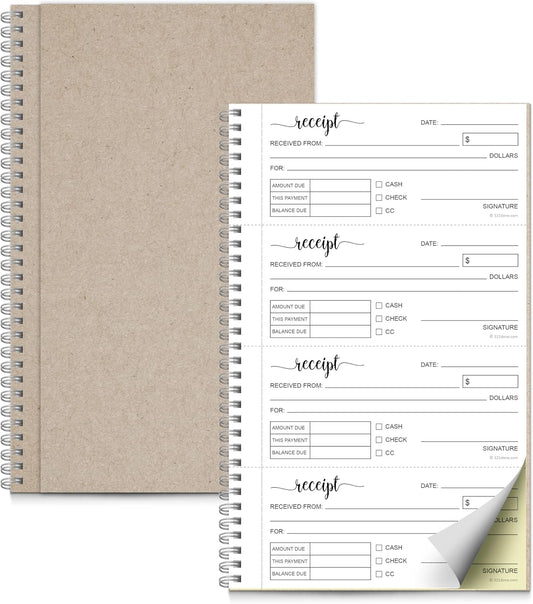 321Done Receipt Book, 11x6 2-Part Carbonless Spiral Bound, Made in USA, 4 Receipts per Page, 50 White/Yellow Pages, 200 Sets per Book, Receipt Book with Carbon Copies for Small Business