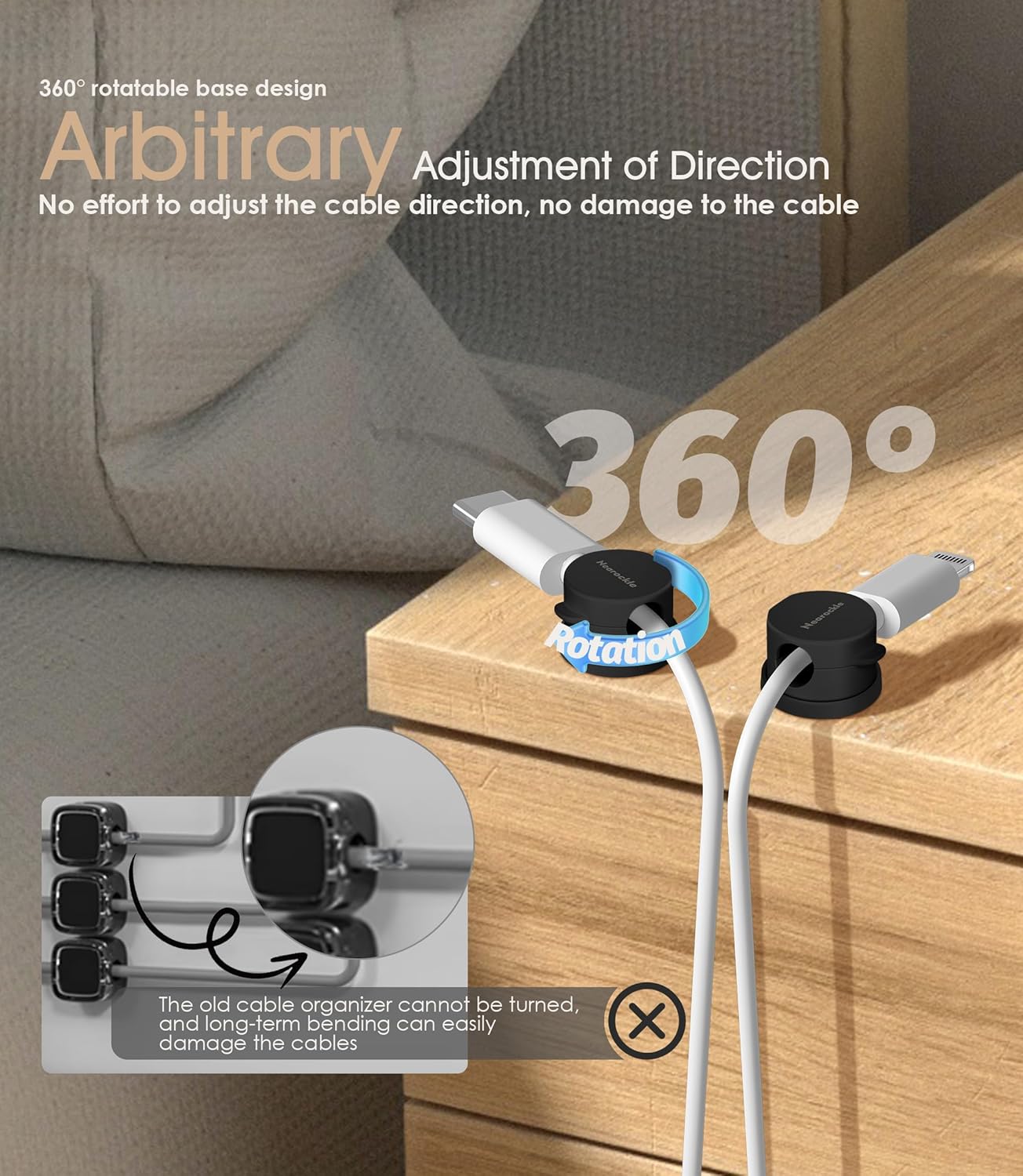 9 Pack Spring Cord Organizer Cable Clips [Locking Cable Rotatable], 2025 Latest Nearockle Phone Charging Cord Holder Cable Management for Car, Nightstand, Office Desk Accessories (Black)