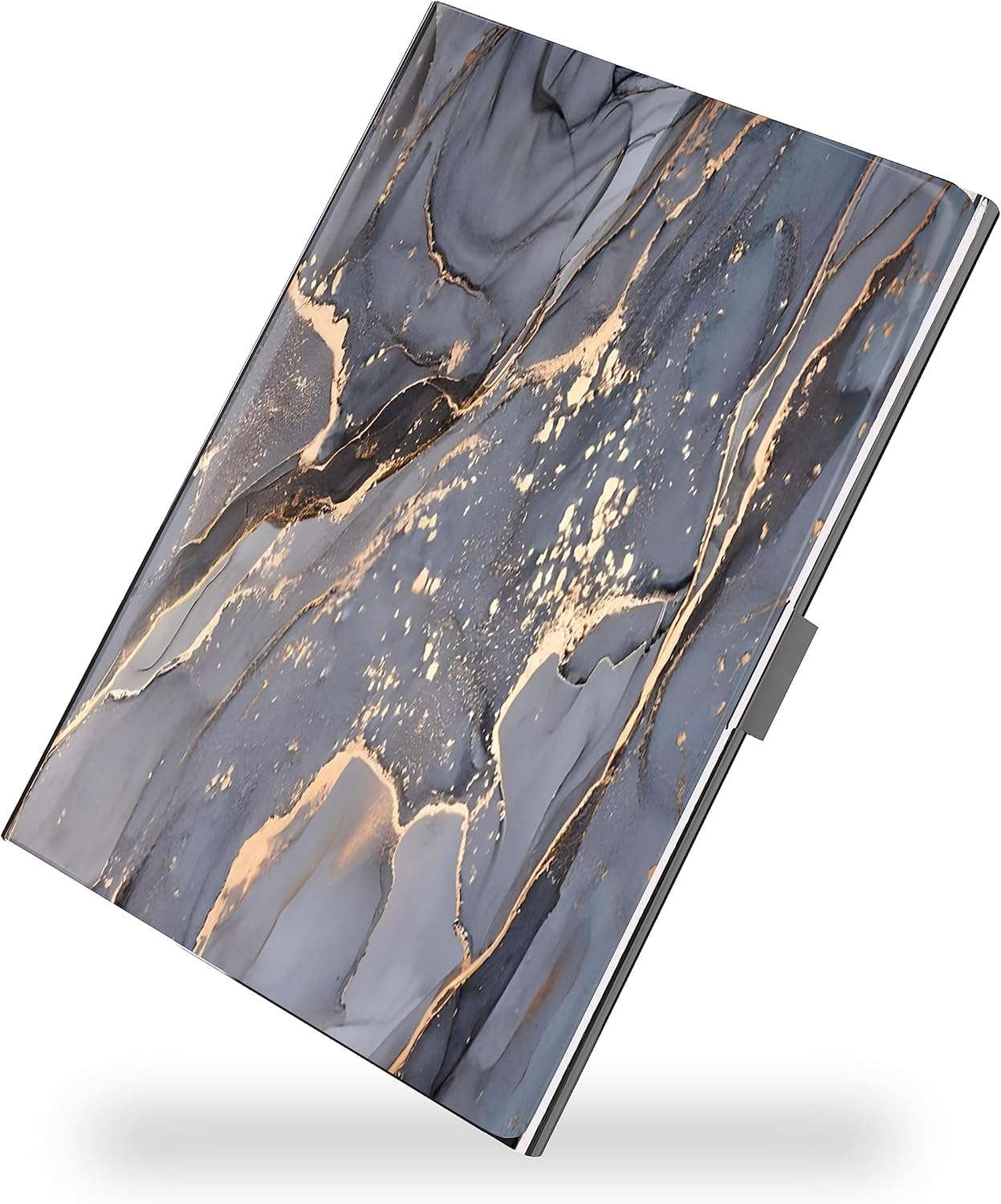 Business Card Metal Slim Organizer, Professional Stainless Steel Square Pocket Wallet for Office Workers, Compact and Portable for Pockets (Grey Gold Marble)