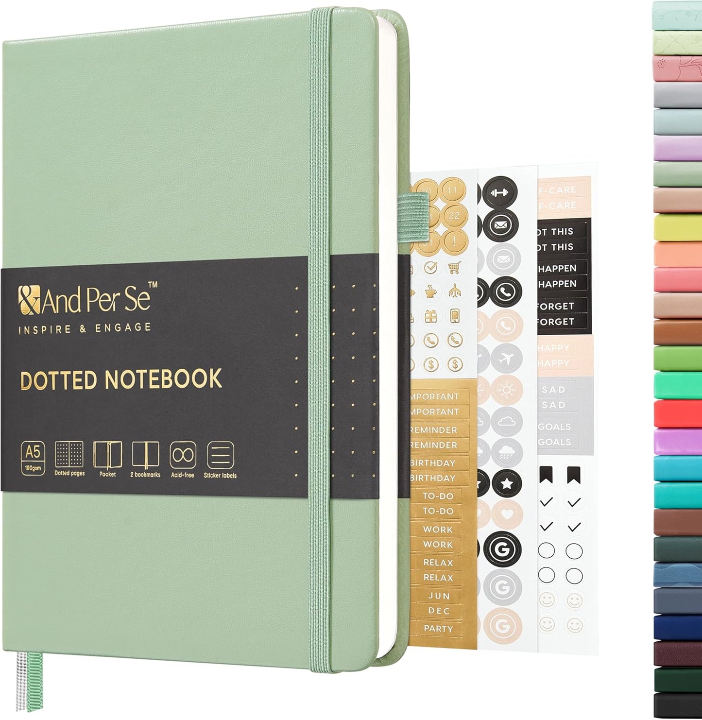 &And Per Se Dotted Journal Notebook, A5 Hardcover Leather Bullet Dotted Journal, 160 Pages 100 gsm Thick Dotted Paper，3 Sheets of Stickers Included - 5.7'' x 8''（Light Green）