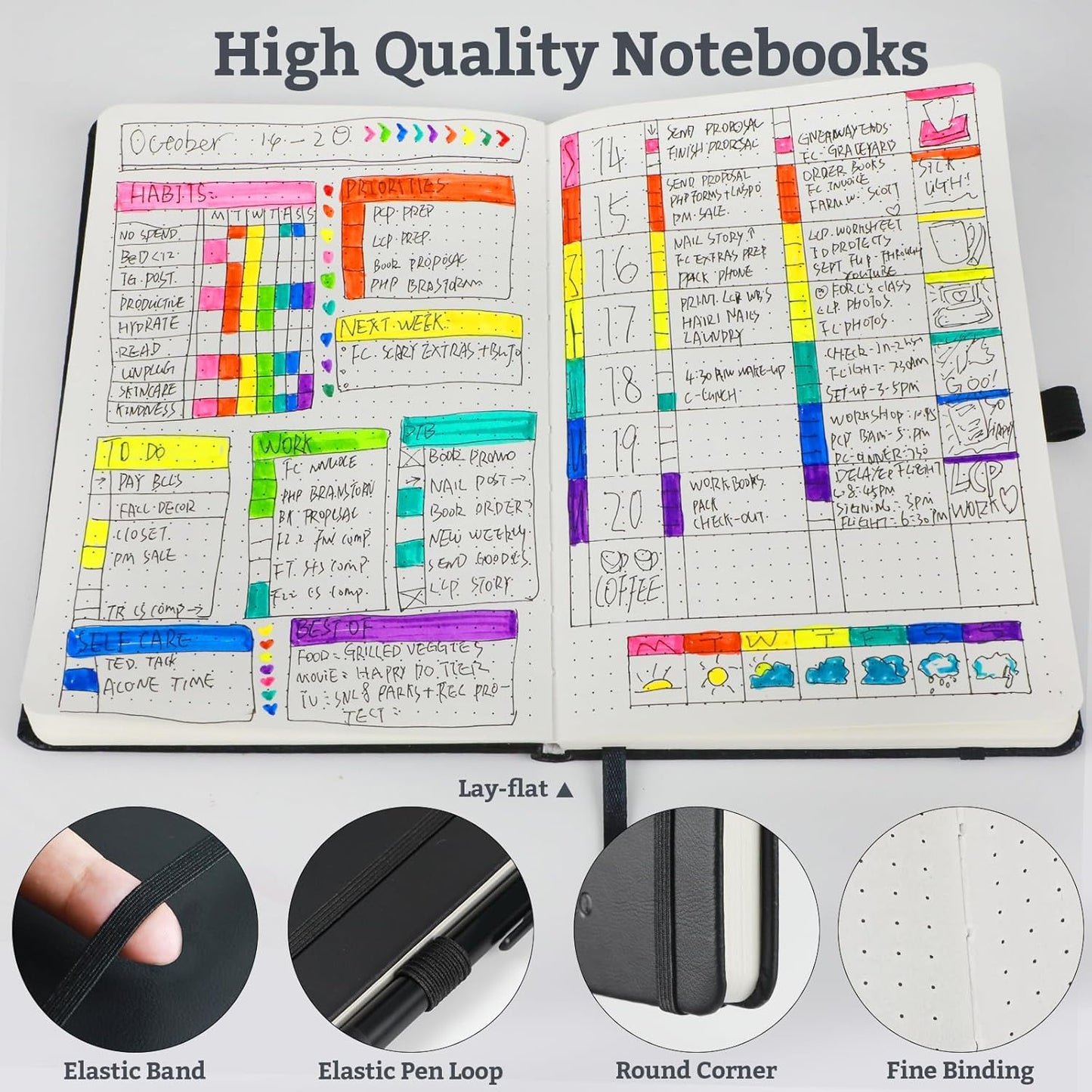 Bullet Dotted Hardcover Journal Notebook, A5 140 Pages 120Gsm Thick Paper for School,Note Taking,Work,Diary，5.7''*8.3'',Black