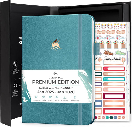 Clever Fox Dated Planner Premium 2025 – Weekly Agenda for Planning & Time Management –Notebook with Habit Tracker & To-do List (Aquamarine)