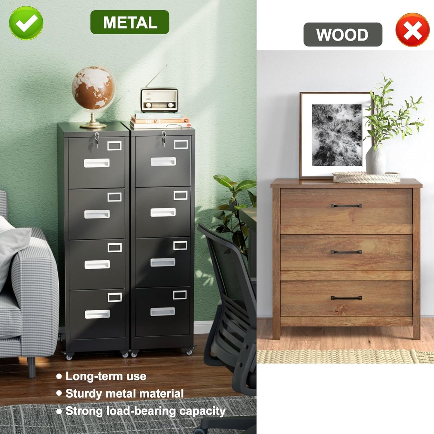 Aobabo File Cabinet 4 Drawer with Wheels, Lockable Office Metal Filing Cabinet with Name Card for Office and Home,Assembly Required,Black