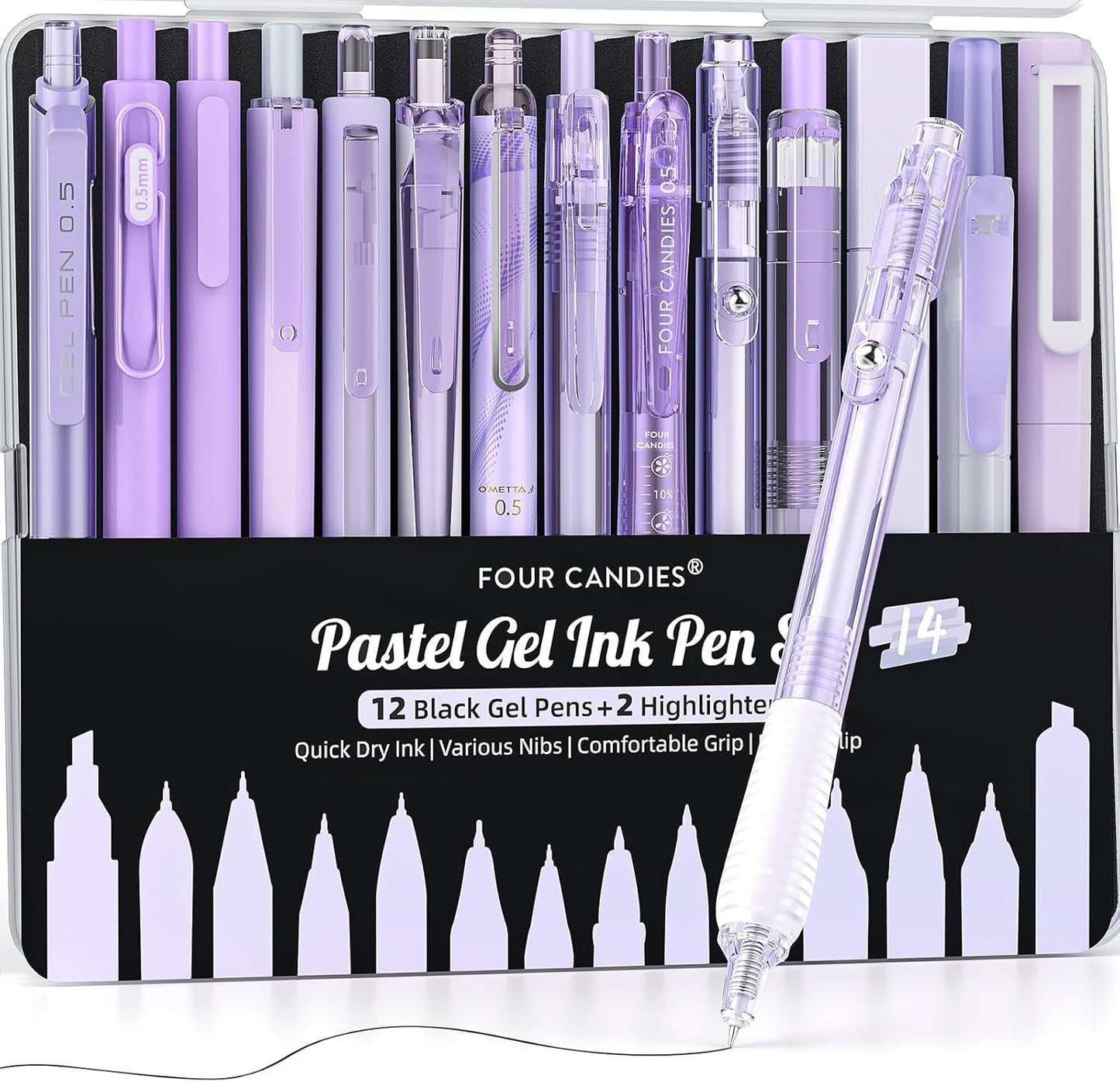 Four Candies 14Pack Pastel Gel Ink Pen Set,Cute Retractable 0.5mm Fine Point Pen,11 Pack Black Ink and 1 Pc Purple Ink Pens with 2Pcs Highlighter for School, Office, Mothers Day Gifts(Purple)