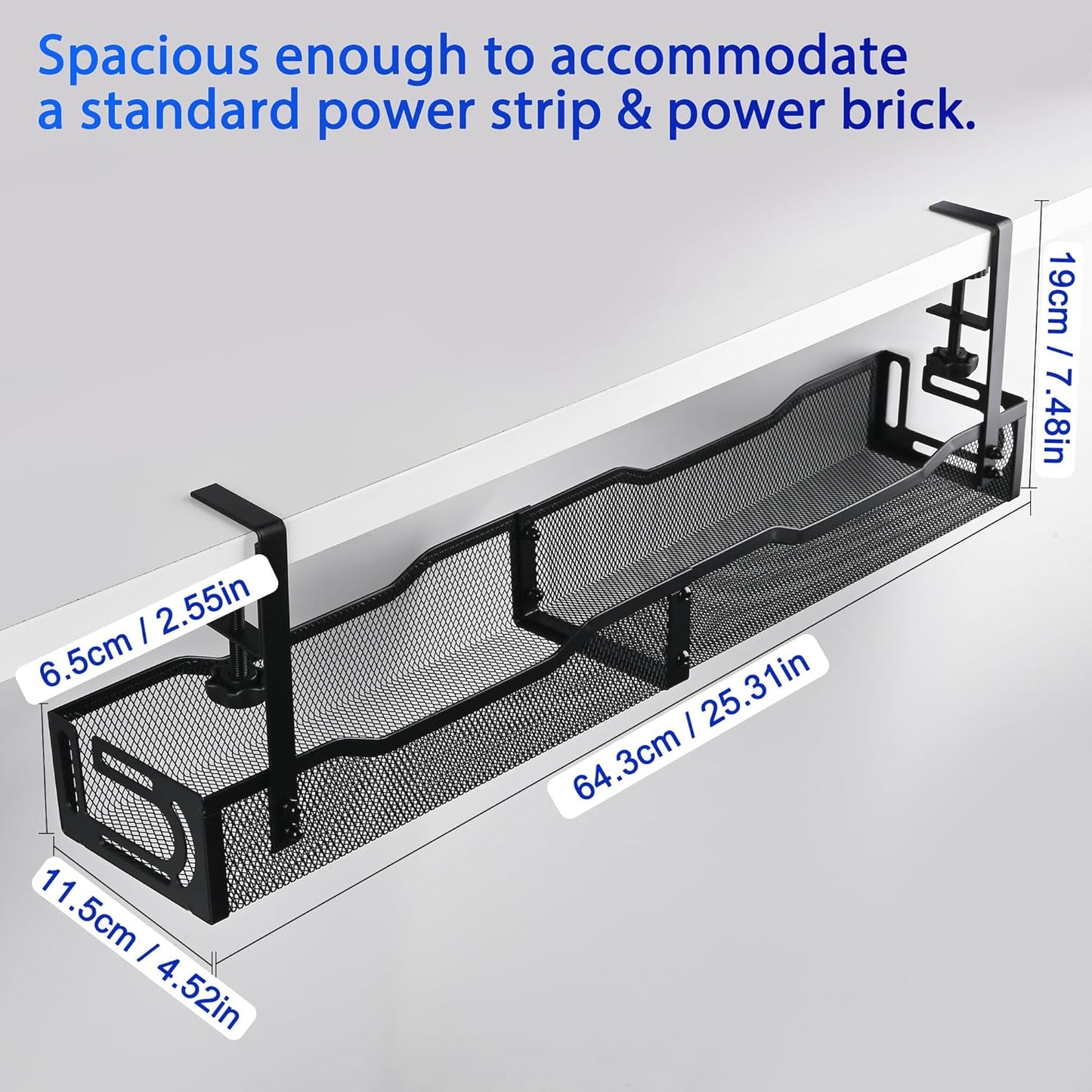 Clamp-On Under Desk Cable Management Tray – 25.3 Inch No Drill Metal Wire Organizer for Home Office & Standing Desk Setup (Black)