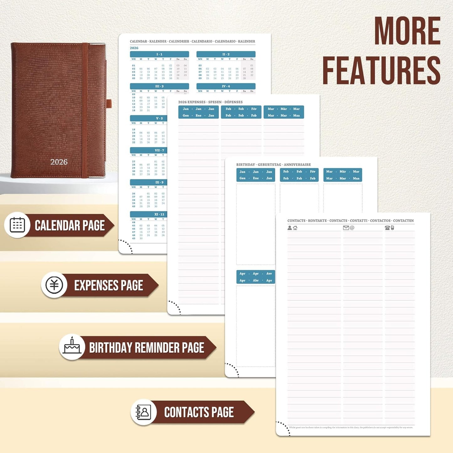 Daily Planner 2026 with One Page Per Day,(A5-8.5" x 5.9"),12 Months Calendar Hourly Appointment Book Monthly Tabs&Self-adhesive Pen Holder,Inner Pocket,Durable Vegan Leather Hardback,Brown