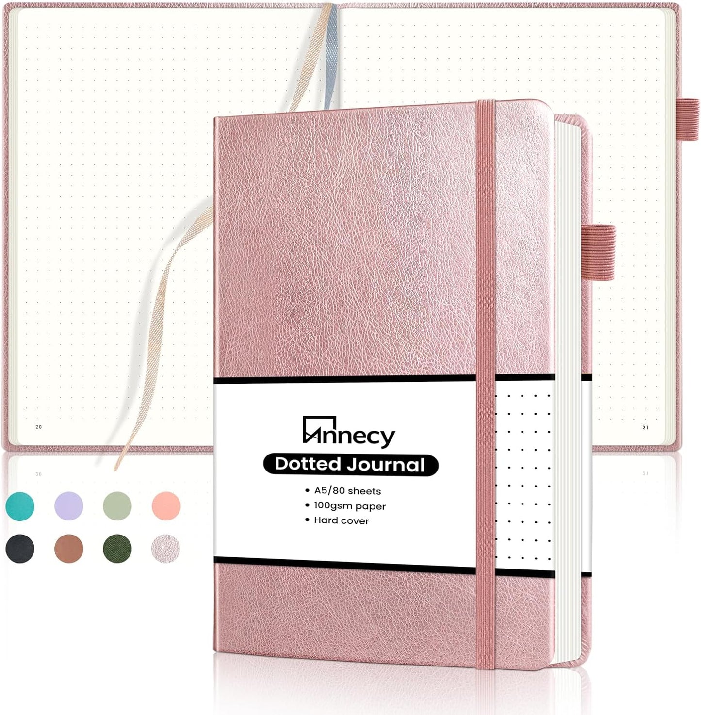 Annecy Numbered Bullet Dotted Journal Notebook, Medium 5.5x 8.25, 160 Pages 100GSM Writing Paper, A5 Rose Gold Faux Leather Cover with Pen Loop
