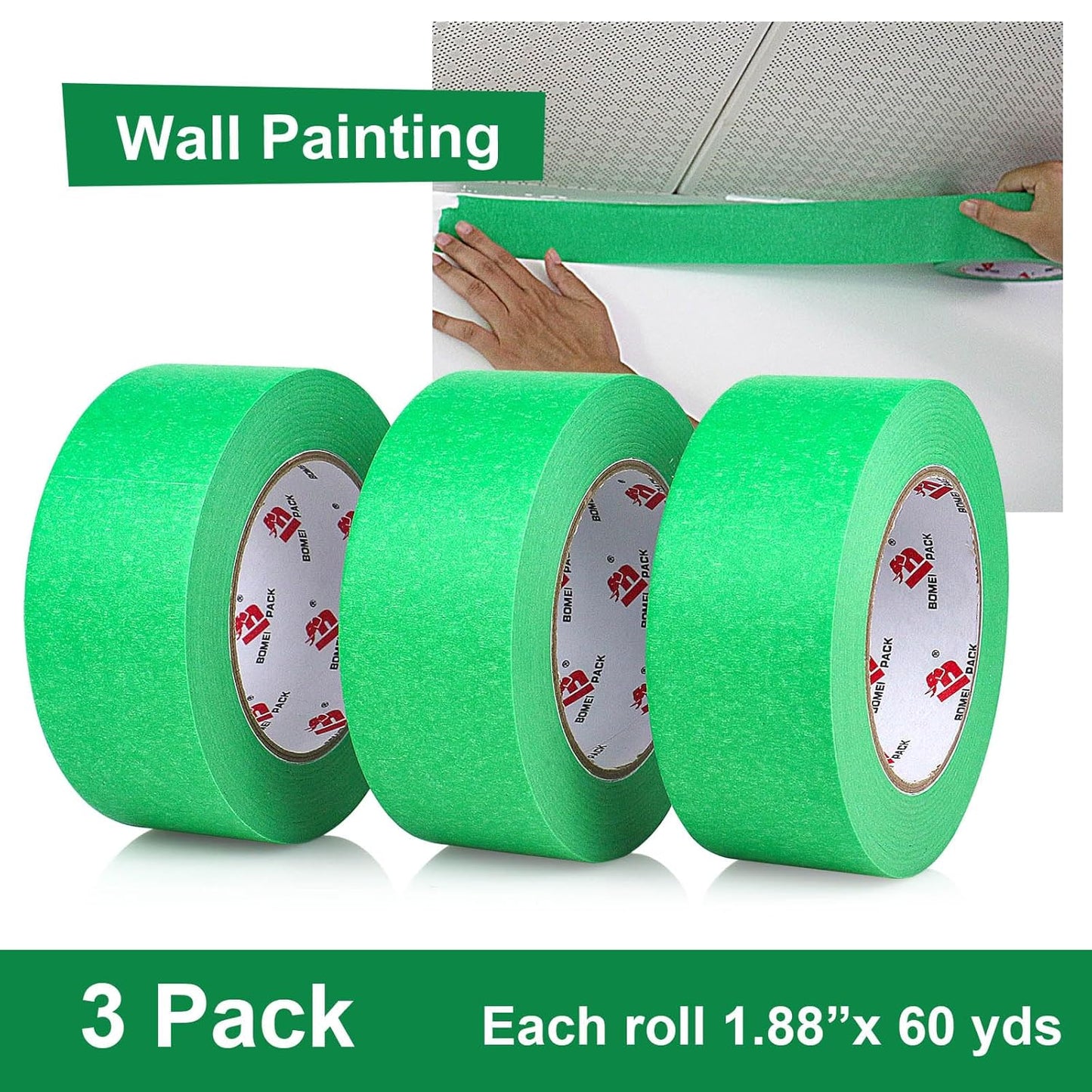 BOMEI PACK Green Painters Tape 2 inch Wide, 3 Rolls Green Masking Tape 2 inch x 60 Yards (180 Total Yards) Residue-Free Painting Tape for Labeling, DIY Crafting, Decoration and School Projects